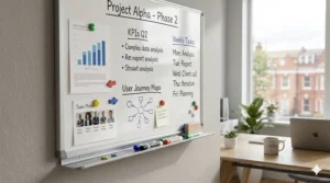 A compact magnetic whiteboard with marker tray mounted above a desk in a stylish UK home office.