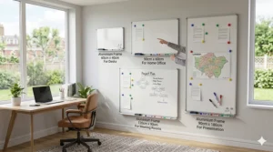 A scale diagram showing different magnetic whiteboard sizes ranging from small home-office boards to large boardroom sizes.
