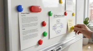A set of colourful magnets holding A4 documents and notices on a white magnetic board surface.