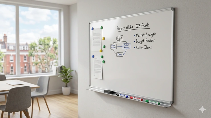 Large wall-mounted magnetic whiteboard with a silver aluminium frame and integrated marker tray in a bright, modern UK office. magnetic whiteboard with marker tray
