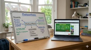A mini whiteboard for desk revision placed next to an open laptop, used for quick note-taking during an online biology tutorial.