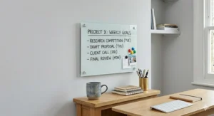 An illustration focused on a clear glass magnetic board, blending seamlessly into contemporary British interior design decor.