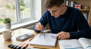 A vibrant graphic summarising OCR A-level maths revision notes for Pure Mathematics, showing algebraic graphs, coordinate geometry formulas, and calculus symbols.