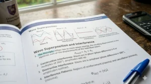 Detailed illustration of handwritten physics notes on quantum phenomena in a spiral-bound notebook.