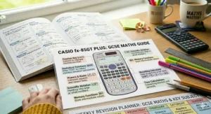 A close-up illustration of a scientific calculator with annotations on key functions used in GCSE maths exams.