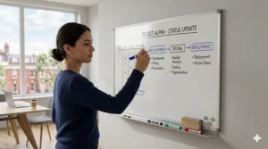A close-up of a high-quality, scratch-resistant lacquered steel surface on a magnetic whiteboard.