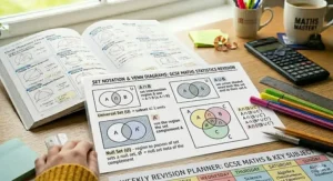 A Venn diagram illustration showing set notation and intersections for GCSE maths statistics revision.