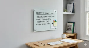 A compact A3-sized clear glass memo board positioned above a small desk in a UK flat, showing a minimalist approach to home office organisation.