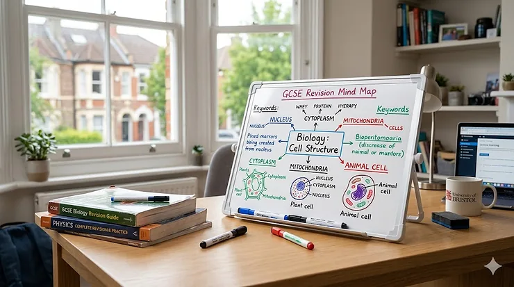 A small portable whiteboard for desk revision showing a GCSE study schedule with colourful dry-wipe markers on a clean wooden tabletop. small whiteboard for desk revision