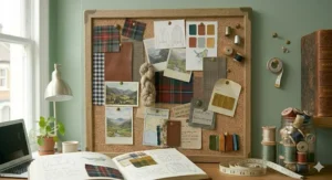 A large corkboard in a student bedroom filled with university timetables, event flyers, and personal mementos.