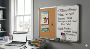 A combination cork and whiteboard used as a student revision planner with a GCSE exam timetable pinned to the cork side and study notes on the whiteboard.