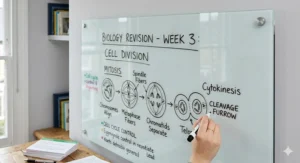 Close-up illustration of a frameless glass whiteboard in a university student's room, used as a structured revision planner.