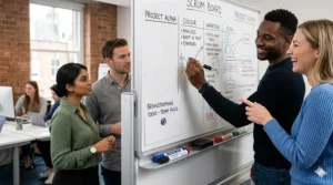 A British professional team using a large magnetic whiteboard with a pen tray to map out project ideas.