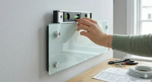 An illustration of the chrome wall fixings that securely hold the large, durable toughened safety glass whiteboard in place.