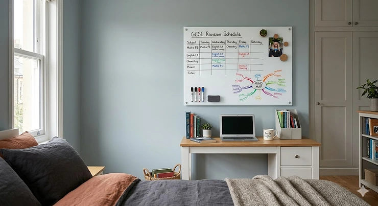 Large magnetic wall mounted whiteboard for bedroom study space featuring a weekly planner and magnetic accessories in a modern UK home. wall mounted whiteboard for bedroom