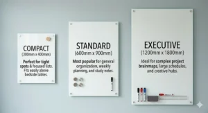 Comparison chart showing different dimensions of a wall mounted whiteboard for bedroom walls to help choose the best fit.