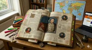 Alt text for image 6: A photorealistic, detailed close-up photograph of a large vellum-bound open book on 'Weimar and Nazi Germany, 1918–39', displaying a map, timelines, and period photographs, integrated into a messy student study desk.