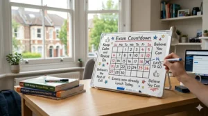 A small whiteboard for desk revision displaying an exam countdown calendar and motivational quotes for UK university students.