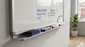 Close-up of a sturdy clip-on marker tray holding colourful dry-wipe pens and a board eraser.