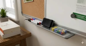 Detailed view of the integrated aluminium pen tray holding dry-erase markers, an eraser, and a box of colourful drawing pins and magnets.