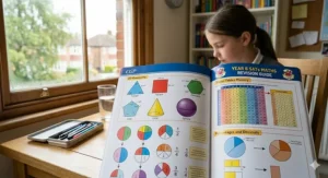 An open Year 6 SATs revision book for maths, showing colorful diagrams of fractions, percentages, and geometry shapes for KS2 exam practice.