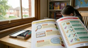 An illustrated checklist inside a Year 6 SATs revision book detailing reading comprehension strategies like skimming, scanning, and evidence retrieval.