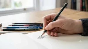Close-up of an artist holding a sketching pencil with an overhand grip to achieve broad, expressive pencil strokes.