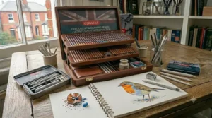 A hand using a premium sketching pencil from a professional artist pencil set to draw on a cartridge paper sketchbook.