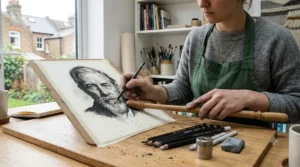 Artist's hand resting on a traditional mahlstick to prevent smudging a detailed charcoal pencil illustration.