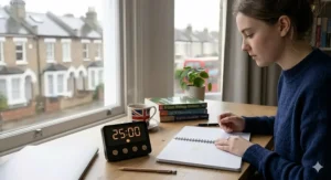 A student using a Pomodoro technique study timer to stay organised during intensive GCSE revision sessions.