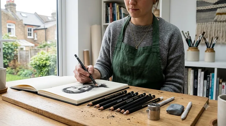election of the best charcoal pencils and sketching tools laid out on an artist's drawing board in a UK studio. best charcoal pencils