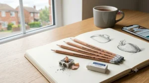 Selection of graphite drawing pencils and sketchpad on a desk, representing the best drawing pencils for beginners starting their artistic journey.