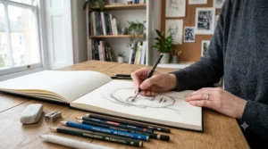A selection of the best sketching pencils and graphite grades laid out on an artist's sketchbook, viewed from above.