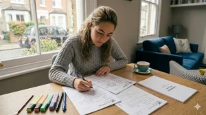A highly detailed, photorealistic medium close-up of the teenage girl intently focused on practising official A-level Biology past papers and mark schemes. She holds a blue biro and is leaning over intricate diagrams spread across the desk.