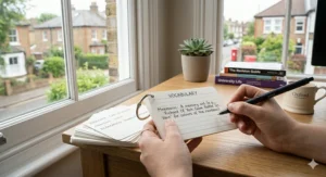 A student using blank A6 flashcards with a ring for memorising vocabulary and study prompts.