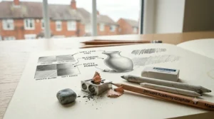 Blending stump and kneaded putty rubber eraser resting on a sketched drawing, demonstrating shading and blending techniques.