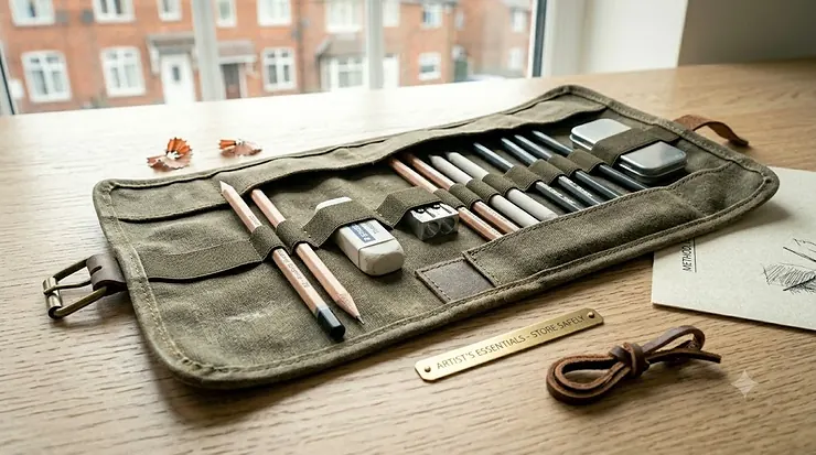 Open canvas pencil roll case filled with drawing pencils and art accessories, keeping beginner art supplies organised and protected. drawing pencils for beginners