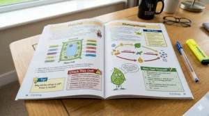 A sample page from a CGP GCSE revision guide showing humorous illustrations and clear study notes.
