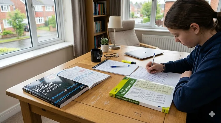 Side-by-side comparison of CGP and Letts GCSE revision guides on a desk. CGP vs Letts revision guides which is better