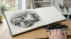 An open artist's sketchbook featuring a finished still life drawing created using top-rated charcoal pencils.