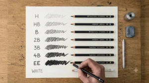 Comparison chart showing the varying darkness and softness grades of charcoal pencils, from hard (H) to extra soft (EE).