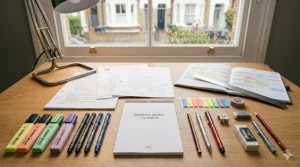 A high-resolution photograph capturing a curated stationery kit laid out on a light oak desk. A set of neon highlighters, fineliner pens, a mechanical pencil, and ruler are neatly aligned next to annotated past papers under a desk lamp.