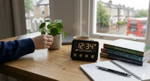 A university student using a minimalist Pomodoro timer on a laptop to manage complex essay writing tasks.