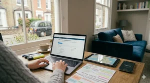 A photorealistic medium close-up of a teenage girl using a silver MacBook. The screen displays an online revision portal titled 'GCSE HISTORY: Active Recall Module,' next to a tablet and smartphone displaying other digital study tools.