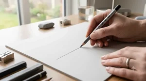 A close-up, high-definition photograph of a finely sharpened graphite stick held carefully by an artist's hand, creating a crisp, precise fine line on textured drawing paper, with soft natural light and a blurred background containing other tools.
