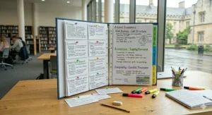 A student filling out a weekly exam revision timetable to stay organised.