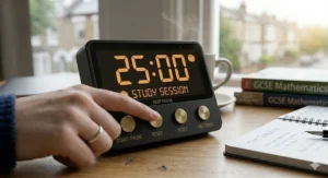 A close-up of a focus timer set for the Pomodoro method, helping to maintain deep concentration while studying.