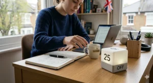 An overhead view of a minimalist workspace featuring a cube timer, helping to maintain concentration for long hours of focussed studying.