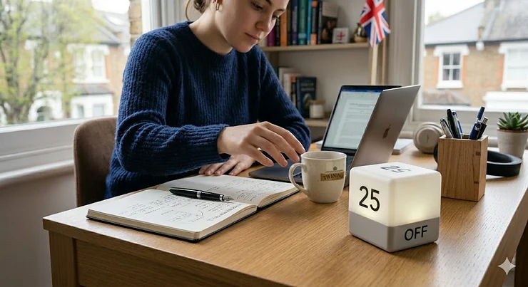 An overhead view of a minimalist workspace featuring a cube timer, helping to maintain concentration for long hours of focussed studying. cube timer for focused studying
