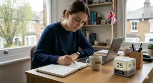 A university student in a quiet library environment using a cube timer to track a focussed study session.